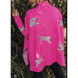 NOC Pink With Cheetahs On The Prowl Oversized Christine Sweater Hot Pink Cowl L
